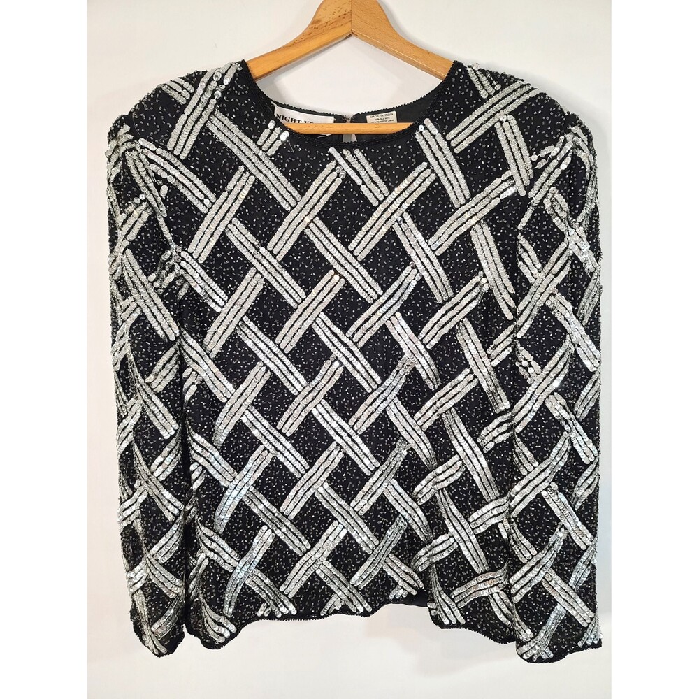 Rare Vintage 80s Night Vogue Sequence Beaded Clasp Silk Blouse